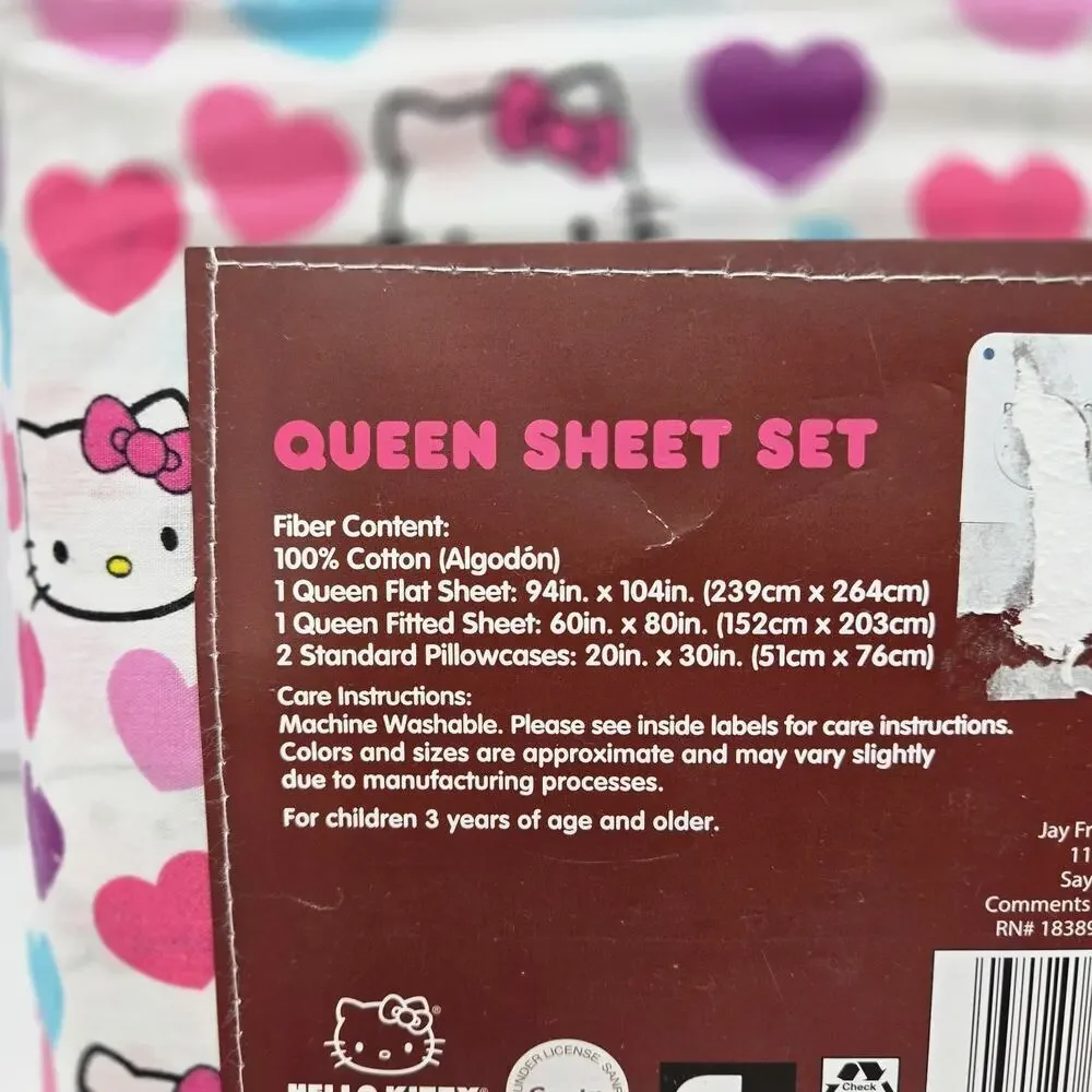 NEW Hello Kitty Multicolored Hearts Queen Sheet Set 100% Cotton 4pc Set LOVE